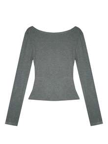 女士宽松露肩修身长袖T恤上衣 - 灰色 - 查看 3