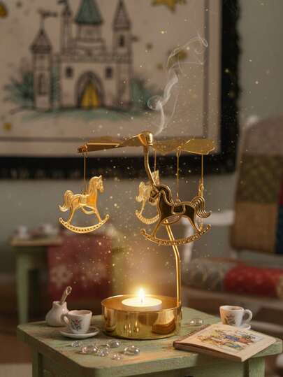 1pc/Set Rotating Carousel/Eiffel Tower/Crescent Moon/Moon Gold Wax Rotating Candle Holder Decor, Spinning Windmill Creative Halloween Christmas Gift Rotating Candle Holder, Gold Rotating Candle Holder Set