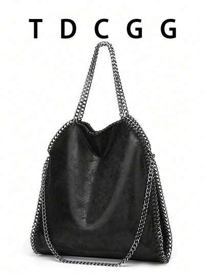 Women's Black Handbag, Solid Color Chain Shoulder Bag, Chain Bag, Soft Bag, New Chain Shoulder Bag, Handbag, Bucket Bag, Tote Bag, Suitable For Casual, Work, Shopping
