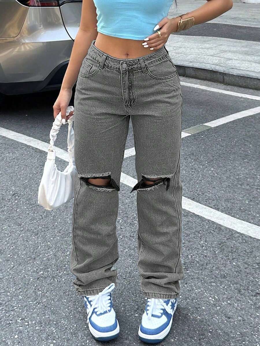 Street Style Y2k New Hot Selling Loose Casual All-Match Slimming Knee Hole Slim Straight Tapered Jeans Mom Denim Pants - Light Grey - View 1