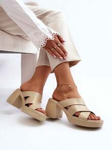 Zazoo 40373 女士优雅拖鞋，采用天然皮革制成，粗跟设计，配有舒适鞋垫，黑色、金色、米色 - 米色 - 查看 11