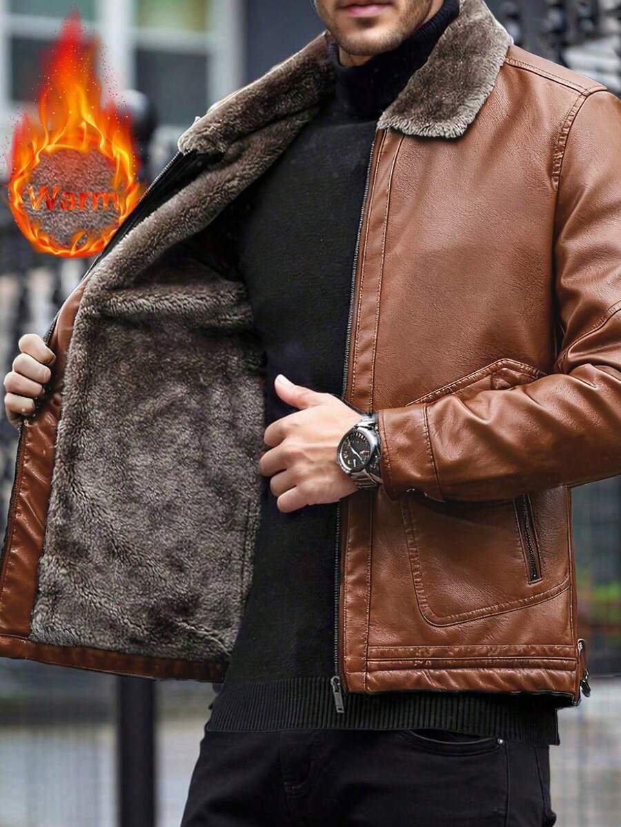 Men's Autumn/Winter Jacket, Thermal Lined Thick PU Leather Motorcycle Jacket, Casual Wear - Redwood - View 1