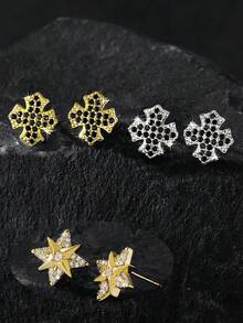 1 Pair/2pcs Punk Style Rhinestone Shield Stud Earrings, Geometric Cubic Zirconia Copper Plated, Unisex Fashion Earrings For Daily Wear And Parties, Suitable As Valentine's Day Or New Year Gift - Multicolor - View 6