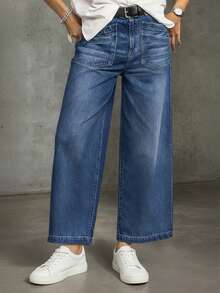 大码阔腿牛仔裤 - 弹性人造丝、复古水洗、七分裤、纽扣门襟、女士休闲周末牛仔裤、休闲复古水洗牛仔裤