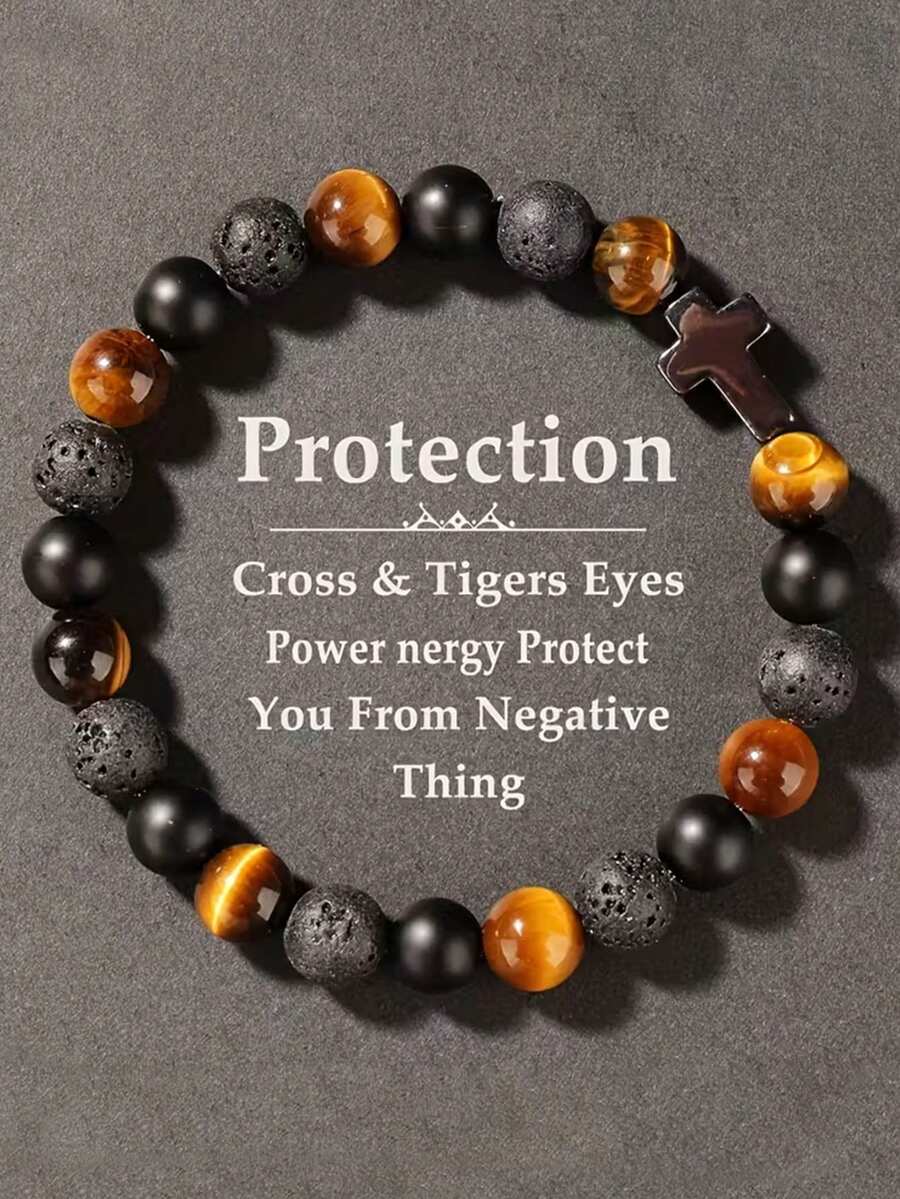 1 pièce Bracelet vintage pour homme en pierre d''œil de tigre et perles noires avec pendentif croix - Bijou décoratif de protection décontracté, cadeau pour lui, petit ami, ami