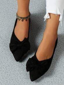 2025 Spring/Autumn Teens' Flat Shoes, Round Toe Bowknot Flat Heel Solid Color Loafers