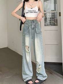 Loose Fit Distressed Pocket Denim Jeans For Women, New Design Straight Leg Wide Leg Pants, Spring/Autumn - Blue - View 3