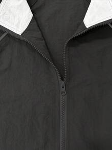 男士休闲运动美式撞色拼接抽绳可调节立领长袖夹克 - 深灰色 - 查看 5