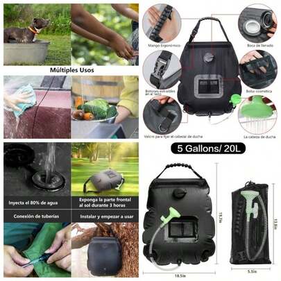 Bolsa de Ducha Porttil, Regadera de Colgar para Exteriores con Cabezal y Manguera, Calefaccin Porttil, para Acampar Al Aire Libre, Playa, Natacin, Senderismo, Viajes, 20L, Negro