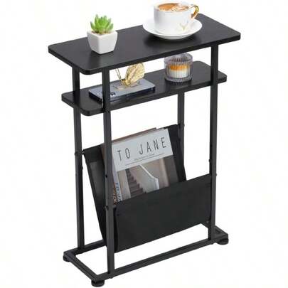 Small Side Table For Small Spaces - Slim End Table With Magazine Holder - 2 In 1 Narrow End Table Living Room - Skinny Bedside Table Nightstand Bedroom Thin Side Table Black