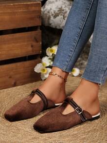 Retro Flat Slip-On Mule Sandals For Women, Spring/Summer, New Slouchy Backless Shoes With Metal Buckle - Coffee Brown - View 17