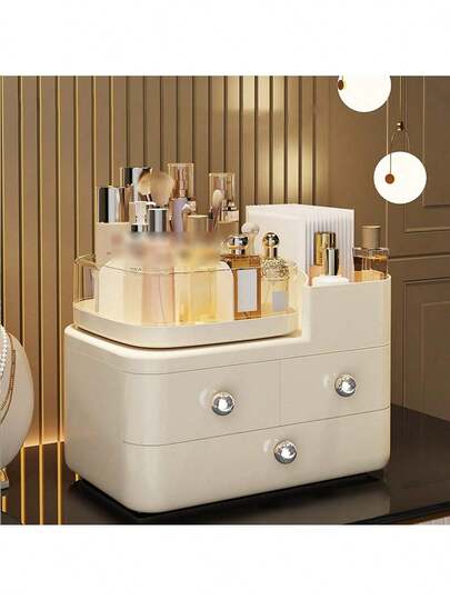 Makeup Storage Box, High-End Bedroom Vanity Organizer, Plastic Cosmetic Holder For Skincare Products & Lipsticks