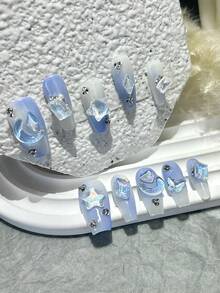 10pcs Blue Halo Fake Nails, Star & Moon Nail Art Stickers, Diamond Nail Decals, Coffin Shaped Nail Stickers, Medium Size Nail Accessories (1pc Jelly Sticker + 1pc Nail File) Nail Supplies - Baby Blue - View 2