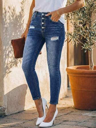 Women Casual Elegant Denim Skinny Cropped Jeans With Button Details And Medium Stretch Fabric