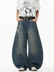 1 pieza Jeans rectos con diseño de parches y lavado vintage desgastado de ajuste holgado para hombre (Cinturón y accesorios no incluidos) - Azul - Ver 3