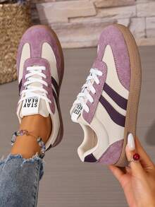 Zapatillas deportivas planas casuales ligeras de moda nuevas para otoño/invierno 2025 con estampado de retazos de colores vintage - Morado - Ver 2