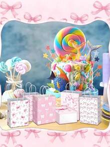 12个/6个/1个粉色蝴蝶结纸质礼品袋，派对回礼袋，婴儿派对糖果袋，粉色糖果袋，牛皮纸袋 - 可爱蝴蝶结设计，可重复使用牛皮纸，适用于婚礼糖果、生日派对和单身派对装饰、情人节装饰、情人节派对用品 - 彩色 - 查看 2