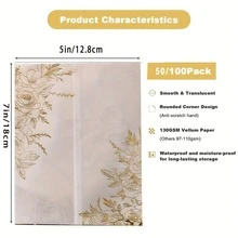 100个金色玫瑰图案印花预折叠牛皮纸邀请函信封，适用于5x7英寸邀请函 - 115克牛皮纸5x7英寸信封 - 牛皮纸婚礼邀请函信封 - 透明婚礼邀请函信封 - 金色玫瑰 - 查看 4