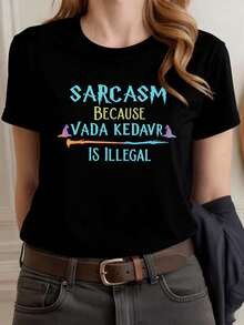 T-shirt graphique sarcastique pour femme, coton premium, col rond, coupe décontractée, style street hip-hop - Noir - Voir 1
