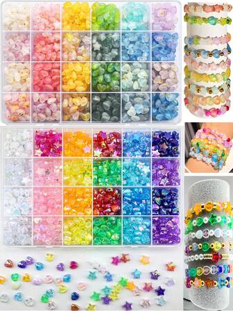 1 caja de cuentas acrílicas con forma de corazón y estrella para hacer joyas, surtido de cuentas coloridas y encantadoras, cuentas sueltas espaciadoras para hacer collares, pulseras y manualidades de joyería DIY