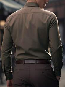 Men's Solid Color Button Design Business Formal Long Sleeve Shirt - Chocolate Brown - View 3