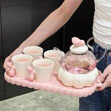 一套陶瓷蝴蝶花卉茶具，优雅下午茶壶、茶杯套装，高端水果茶壶，饰有蝴蝶图案，包含茶壶、茶杯和托盘 - 是馈赠女主人和家居装饰的理想之选，必备餐具 | 耐用瓷器 [粉色、绿色可选]