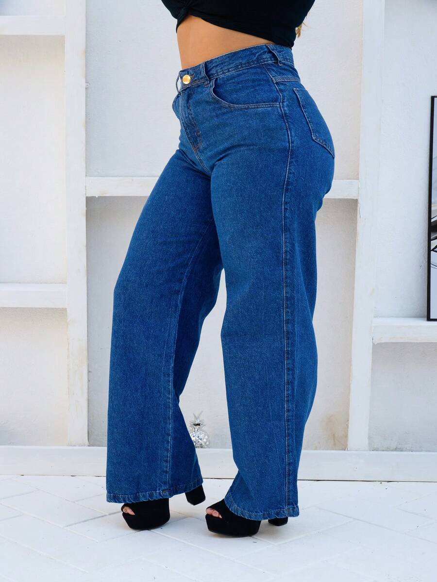 Women's Wide Leg Jeans, 100% Denim, Wide Leg, Pockets, Zipper, Button, Office, School - 深色水洗藍 - 查看 1