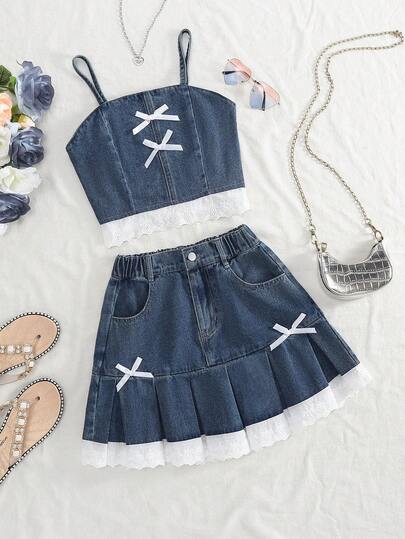 2件套女童户外休闲可爱蝴蝶结装饰蕾丝拼接吊带背心上衣和复古俏皮简约时尚百褶裙，夏季