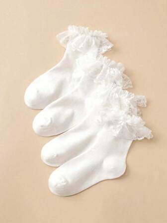 2 Pairs/4 Pairs Women Lace Trim Mid-Calf Socks, Casual College Style Socks, Suitable For Home And Travel