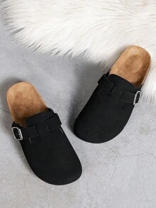 男士休闲纯色宽楦穆勒鞋，舒适防滑耐磨软底，圆头设计，舒适织物鞋面，PVC鞋底，套脚式设计，适合全年户外活动。 - 黑色 - 查看 5