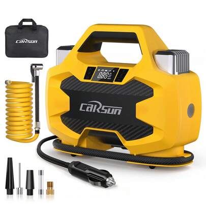  Carsun Tire Lnflator Portable Air Compressor.4x Inflation Speed, 180W Dual 26-Cylinder, High-Power Air Compressor, 12V-DC, With Five Nozzle Adapters And A 9.7-Foot Inflation Hose, Suitable For Cars And Large Vehicles