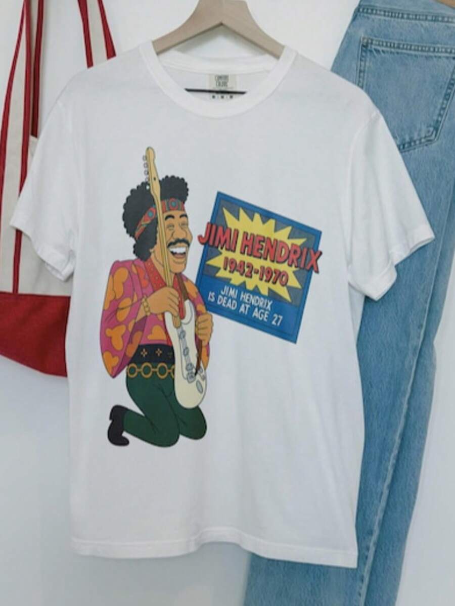 Hendrix 'Dead At 27 Tee _ 70s Cartoon Style _ 27 Club Shirt - 白色 - 查看 1