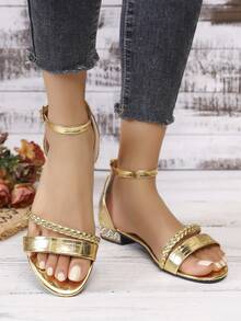 Women's Elegant Casual Sexy Bohemian High Heel Sandals With Strap Diagonal Woven Decor, Solid Color, Suitable For Vacation And Outdoor Wear In Summer - Gold - View 8