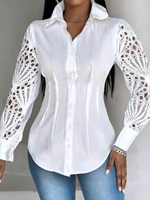 Women's Elegant Lace Hollow Sleeve Blouse - White - View 4