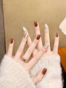 10片/套 手工短款美甲贴片，秋冬季假指甲，美甲用品，沙滩美甲短款美甲，适合女性、女孩，时尚，T字形，可重复使用，适合教师、学生、办公室、旅行，优雅商务休闲手工美甲贴片 - 彩色 - 查看 7