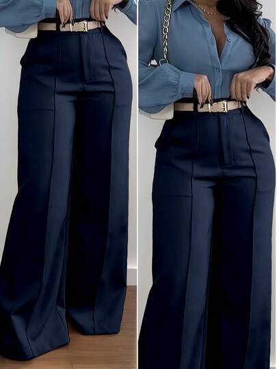 Plus Size Solid Color Pocket Office Commute Elegant Versatile Pants, No Belt
