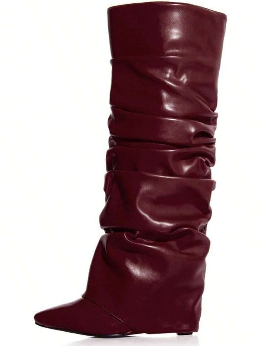 Women's Slouched Ruched Fold Over Boots - Patent Leather Covered Wedge Heel Wide Calf Pointed Toe Knee High Casual Boots - Dark Red - View 1
