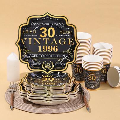 10pcs/20pcs/30pcs/60pcs,Black&Gold Vintage 30th Party Tableware Set,Back In 1996 30th Theme Birthday Disposable 9Inch And 7Inch Ornament Paper Plates And 9oz Cups Party Table Supplies, Cheers To 30 Years Paper Plate Cup For Men And Women Anniversary Single Birthday Party Decoration