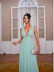 Long Tulle Wedding Dress For Bridesmaids, Without Glitter. - Mint Green - View 2