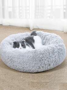 1个毛绒圆形宠物床，保暖透气加厚垫，适合小型/中型/大型猫狗，四季皆宜 - 灰色 - 查看 5
