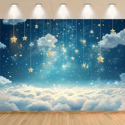 1件星空云朵灯光主题背景横幅，以梦幻般的悬挂星空和闪烁的夜空为特色，适用于摄影、婚礼、派对装饰或活动背景——营造梦幻氛围，星光天花板装饰——采用涤纶材质，是生日、婚礼和派对的完美之选，派对背景——梦幻星空主题——