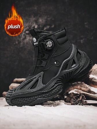 Men's Snow Boots With Fur Lining, Rotary Buckle, Thick Sole, High-Top, Outdoor Sports, Daily Commute, Warm, Non-Slip, Fashion, Versatile, Minimalist Solid Color, High-End Sports Style Winter Boots, Suitable For Skiing And Wear