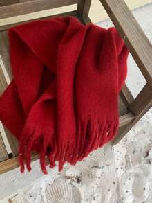 1条加大码纯色围巾，柔软保暖，女士冬季围巾 - 紅色 - 查看 2