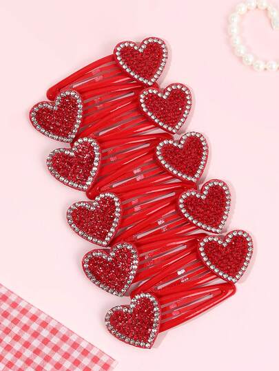 10 piezas de Clips para el cabello con forma de corazón para el Día de San Valentín, con cristales de color rojo y plateado, lindos y dulces, elegantes clips para el cabello para fiestas/regalos, horquillas para el cabello sorprendentes y encantadoras, accesorios para el cabello diarios, decoración para el cabello de adolescentes