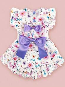 1pc Floral Ruffled Pet Dress With Purple Bow - Cute Princess Outfit For Small Dogs (Pomeranian/Teddy Bear) - Multicolor - View 13