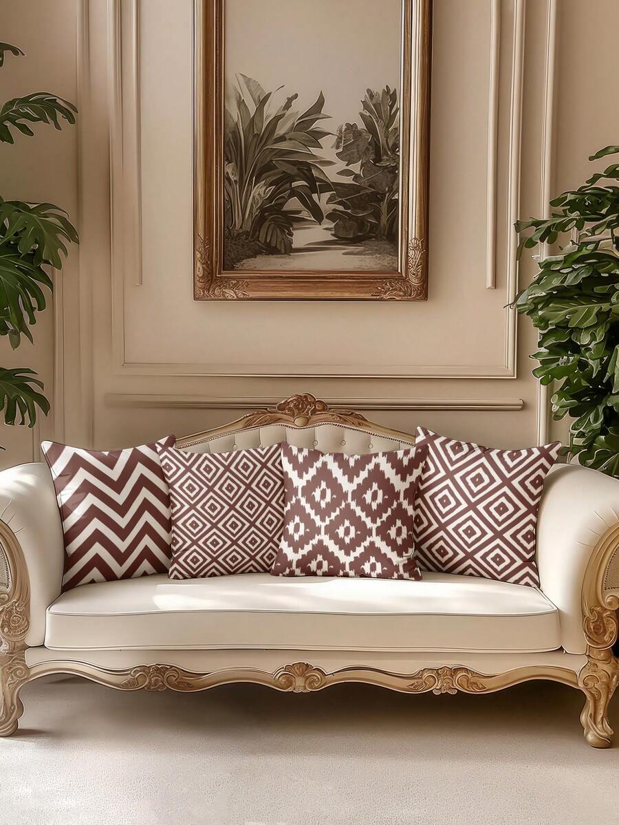 4pcs Bohemian Style Vintage Decorative Pillow Covers, Minimalist Chic Line Pattern Cushion Covers, Super Soft & Comfortable, Bestselling, Hidden Zipper, Machine Washable, Home Decor Throw Pillow Covers For Sofa, Living Room, Bedroom, No Pillow Insert - Maroon - View 1