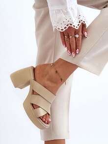 Zazoo 40373 女士优雅拖鞋，采用天然皮革制成，粗跟设计，配有舒适鞋垫，黑色、金色、米色 - 米色 - 查看 6