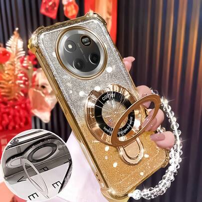 Shock-Proof Wireless Charging Phone Case + Wrist Strap, Made With New Electroplating Technology, Foldable Shock-Proof Stand, Glitter Paper Corner Protection, Shock-Proof And Drop-Proof, Gift For Girlfriend, Compatible With IPhone 17 Pro/16 Pro Max/Air, S25/S25 Plus/S25 Ultra A07 A17 XM HW, Redmi Note 15, Redmi A5, OPPO And Other Models