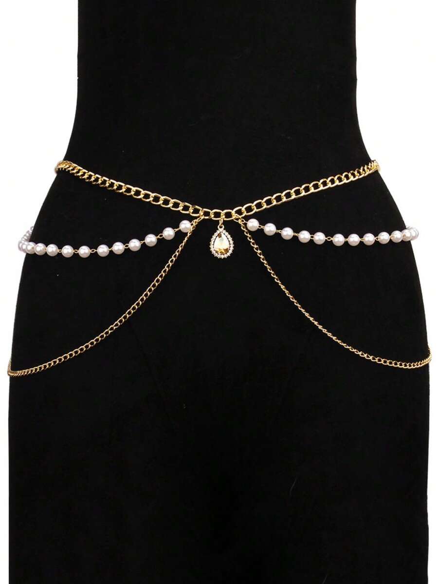 1件女士时尚简约多层金色金属腰链，百搭配饰，可搭配连衣裙，珍珠链身体链 - 金色 - 查看 1