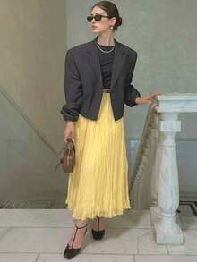 Women's Pleated Skirt, Yellow Long Skirt, Women's Fashion Pleated Skirt, Elegant Women's Chiffon Sheer Skirt, High Waist Skirt For Summer - Yellow - View 6